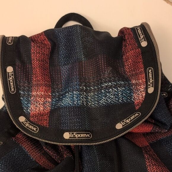 Lesportsac Checkered Plaid Small Backpack Black Red Cinch Bag Pockets Flap main image 9